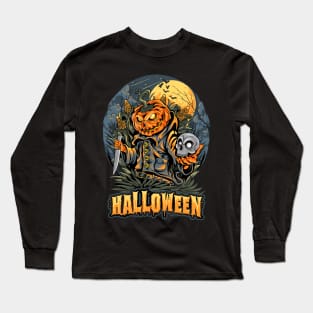 halloween scarecrow skull head pumpkins artwork Long Sleeve T-Shirt